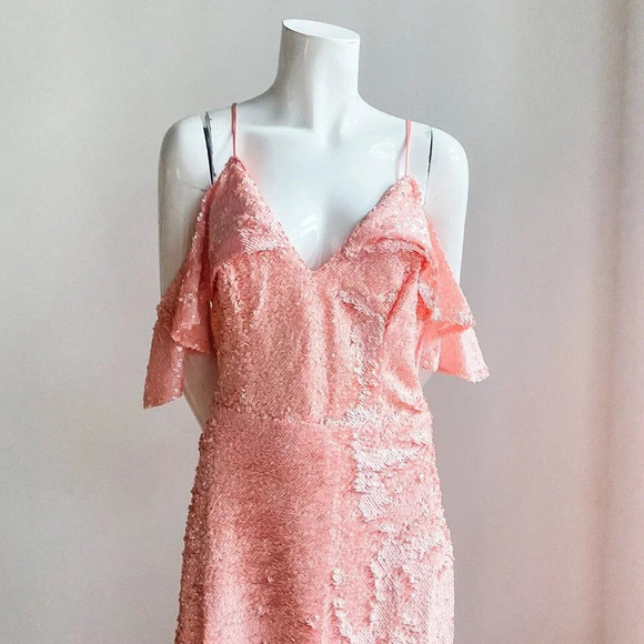 A.B.S Alan Shwartz Peach Pink All Sequin Off The Shoulder MAxi Gown 10 - Picture 5 of 7